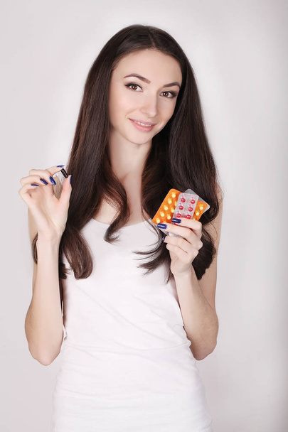 Woman Taking Medicine. Beautiful Girl With Pill Pack With Pills - Photo, Image