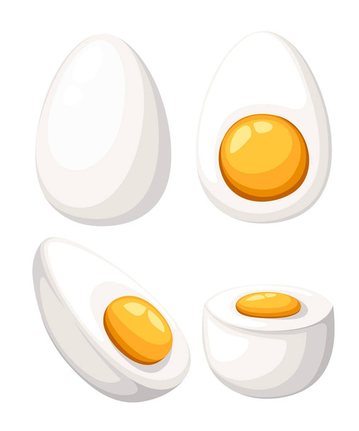 Мультяшне яйце ізольовано на білому тлі. Набір смажених, варених, наполовину нарізаних яєць. Векторні ілюстрації. Яйця в різних формах. Сторінка веб-сайту та дизайн мобільних додатків
 - Вектор, зображення