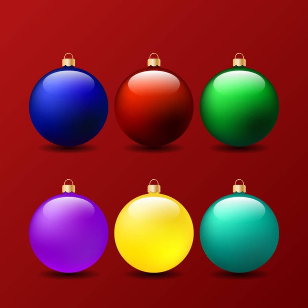 Set of Christmas balls on a red background. Vector illustration . - Vecteur, image