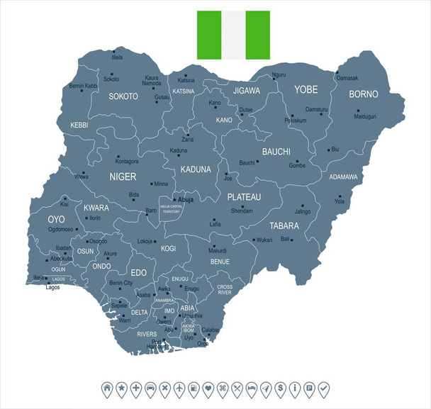 Nijerya - harita ve bayrak - detaylı vektör çizim - Vektör, Görsel