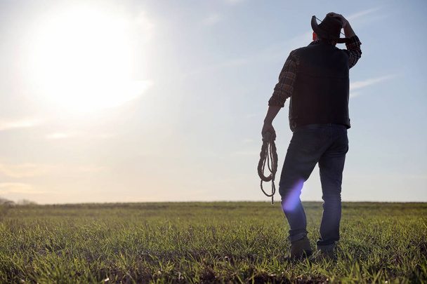 Een man cowboyhoed en een loso in het veld. Amerikaanse boer in een f - Foto, afbeelding
