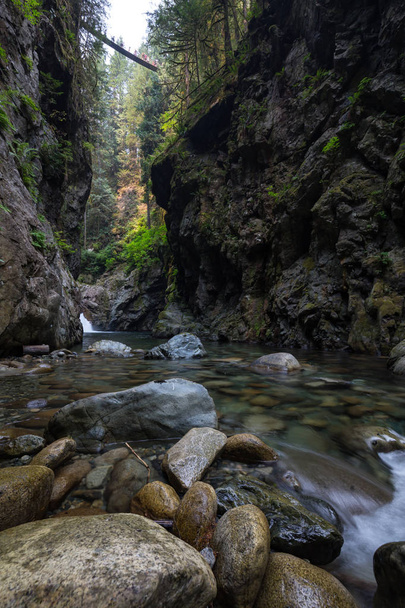 River flowing around the smooth rocks. Taken in Shannon Falls, Squamish, British Columbia, Canada. - Фото, зображення