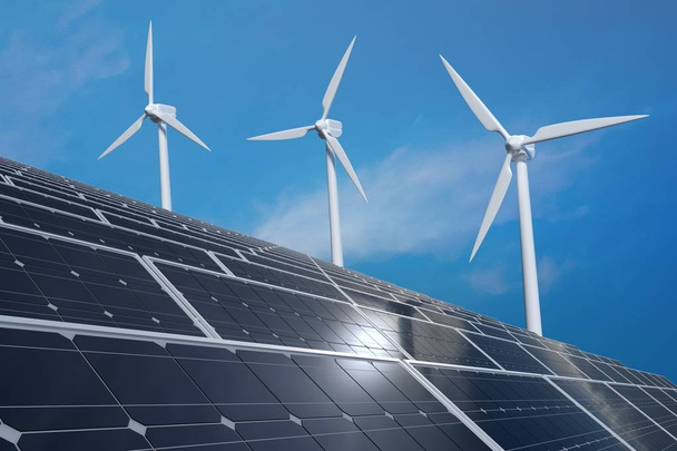 Panele fotowoltaiczne baterie słoneczne i turbiny wiatrowe. Alternatywne źródła energii  - Zdjęcie, obraz