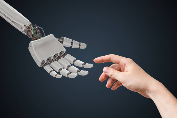 Roboterhand und menschliche Hand berühren sich. Künstliche Intelligenz  - Foto, Bild