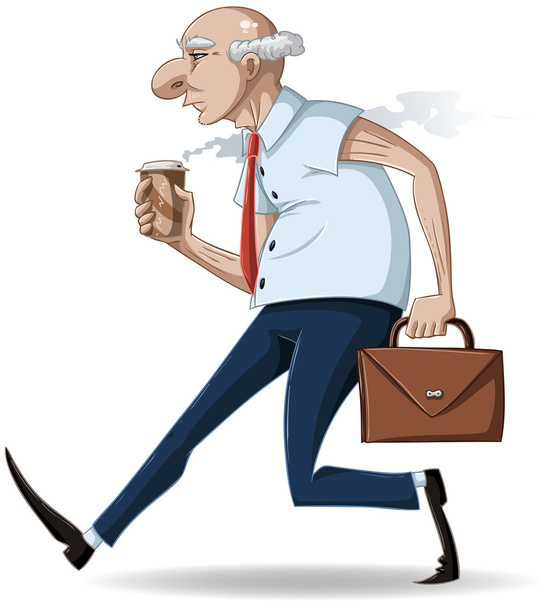 Vecchio uomo d'affari cammina con valigetta e caffè
 - Vettoriali, immagini