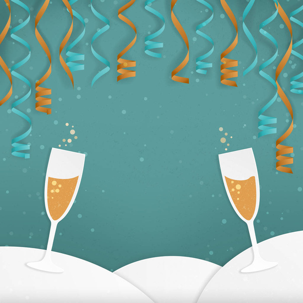 Minimale Winterlandschaft mit Hügeln, Champagnergläsern, Party-Luftschlangen und Schnee: Vektor-Illustration - Vektor, Bild
