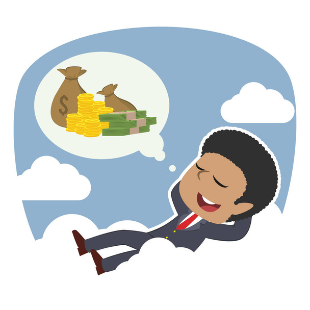 african businessman relaxing on clouds thinking about money - Vector, Image
