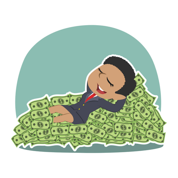 mujer de negocios africana durmiendo en cama de dinero
 - Vector, imagen