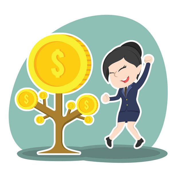 asiático mujer de negocios feliz su moneda árbol crecer
 - Vector, Imagen