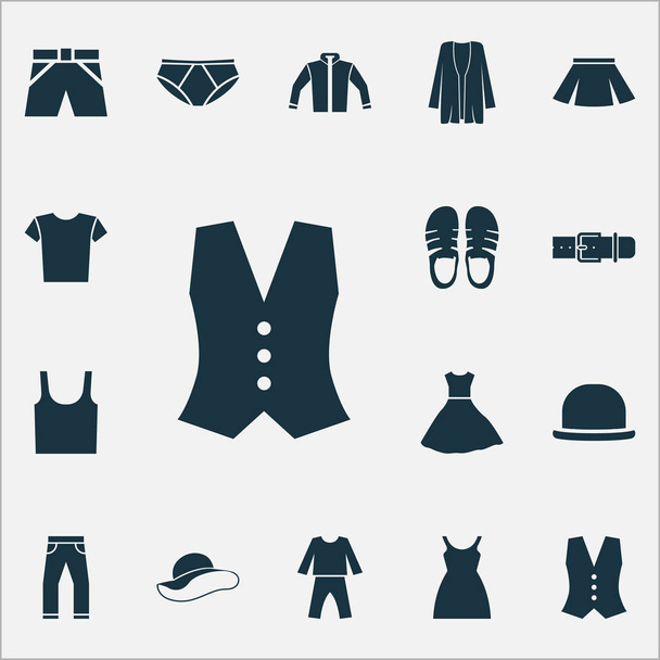 Kleding Icons Set met schoeisel, Jeans, Casual en andere gilet elementen. Geïsoleerde vectorillustratie kleding pictogrammen. - Vector, afbeelding