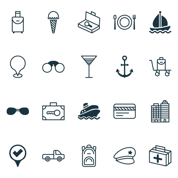 Utazási ikonok beállítása a hátizsák, vitorlás hajó, evés és a hajó horog elemeivel. Elszigetelt vektoros illusztráció utazási ikonok. - Vektor, kép