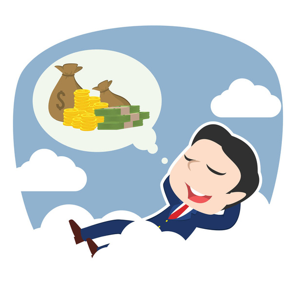 お金について考えて雲にリラックスしたアジア系のビジネスマン - ベクター画像