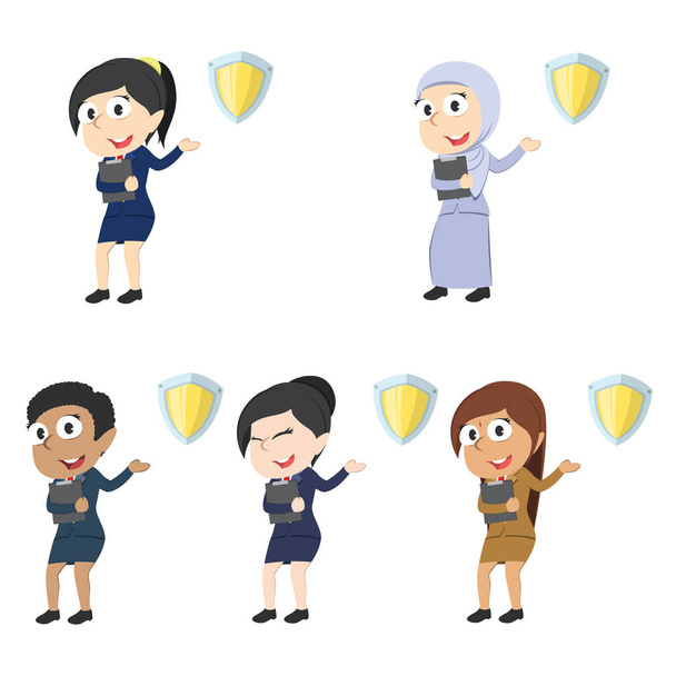 businesswoman presenting shield different race set - Vector, Image