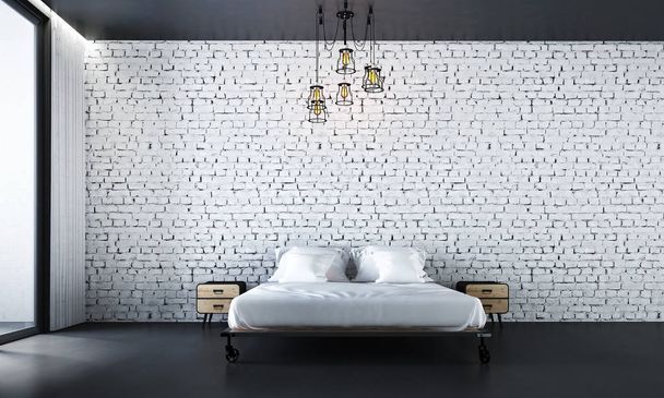 Moderni makuuhuoneen sisustus ja valkoinen tiili seinärakenne tausta
  - Valokuva, kuva