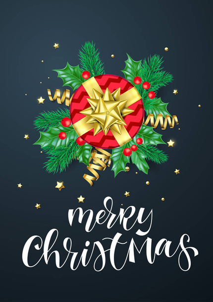 Χαρούμενα Χριστούγεννα διακοπές φόντο πρότυπο του χεριού που καλλιγραφία απόσπασμα κειμένου για ευχετήρια κάρτα. Διάνυσμα χρυσή διακόσμηση, δώρο κορδέλα τόξο ή χρυσό Κουφέτο στο μαύρο premium Σχεδιασμός banner πώληση - Διάνυσμα, εικόνα