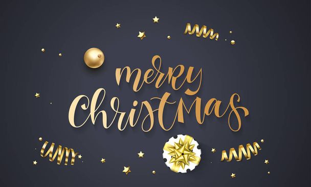 Merry Christmas greeting card template background of golden glitter confetti, gift box with gold ribbon bow. Vector winter holiday festive glittering star and ball for Christmas quote hand drawn text - Vektor, obrázek