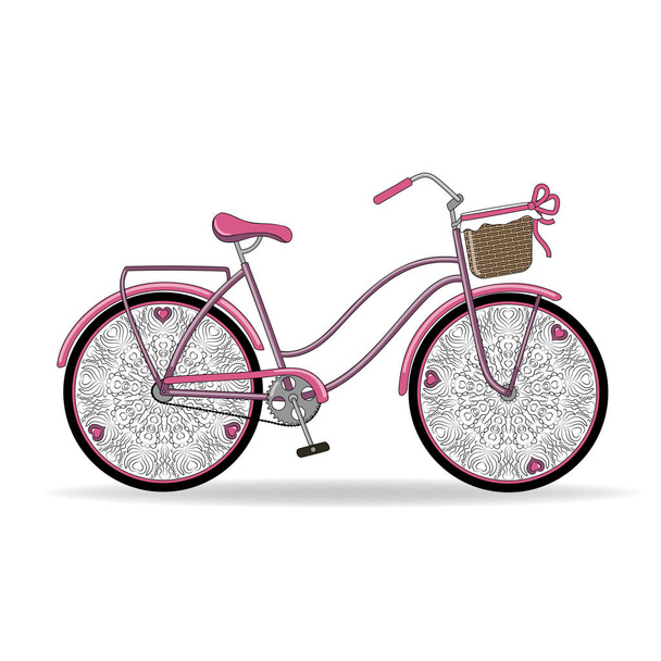Vector illustration. Gentle pink vintage ladies Bicycle with unusual openwork wheels with hearts and basket. - Vektor, kép
