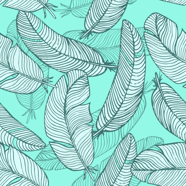 Vector seamless pattern. Background of a variety of hand drawn feathers for decoration. - Vecteur, image