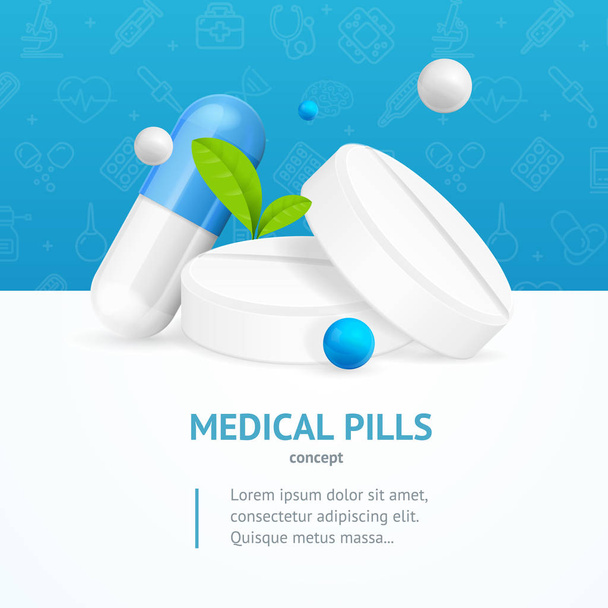 Réaliste détaillée 3d Pilules médicales Concept Card. Vecteur
 - Vecteur, image