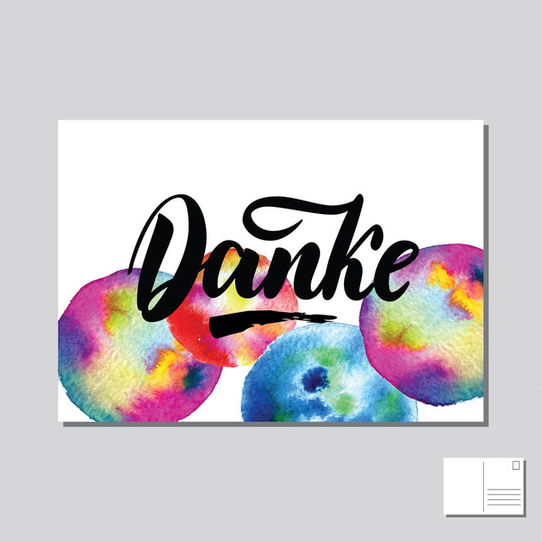 Danke, дякую вам в німецьких мальованої буквене позначення поштові картки з абстрактним коло барвистий фон. Векторна ілюстрація написи. Шаблон для друку - Вектор, зображення