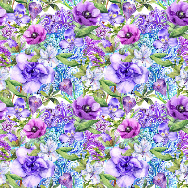 Floral wallpaper - ornament in boho style for interior design. Seamless pattern. Watercolor - Фото, зображення