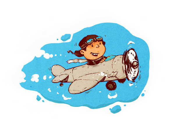 Un niño está volando en el aire entre las nubes. Imagen pintada en estilo de dibujos animados. Ilustración aislada sobre fondo blanco, lista para imprimir y sitios web. El piloto es el héroe de nuestro tiempo
. - Foto, imagen