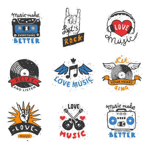 Set of vintage musical labels hand drawn templates love musical elements for design vector illustration. - Vector, Image