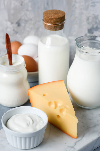Dairy products on marble background. Closeup view - Fotografie, Obrázek