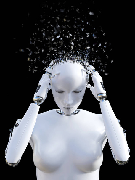 τρισδιάστατη απεικόνιση του κεφάλι θηλυκό ρομπότ που θρυμματίζεται από κεφαλαλγία. - Φωτογραφία, εικόνα