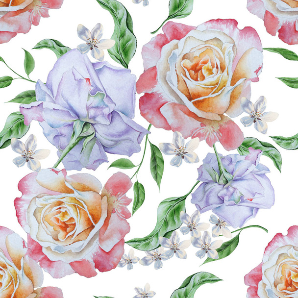 Bright seamless pattern with roses. Watercolor illustration. Han - Фото, зображення