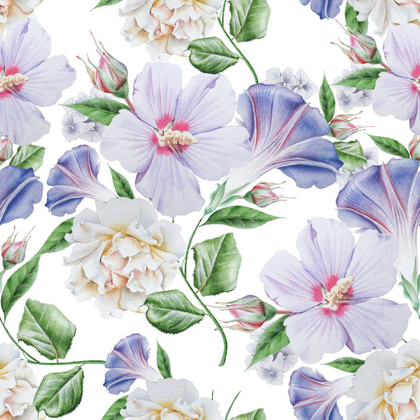 Bright seamless pattern with flowers. Hibiscus. Rose. Watercolor - 写真・画像