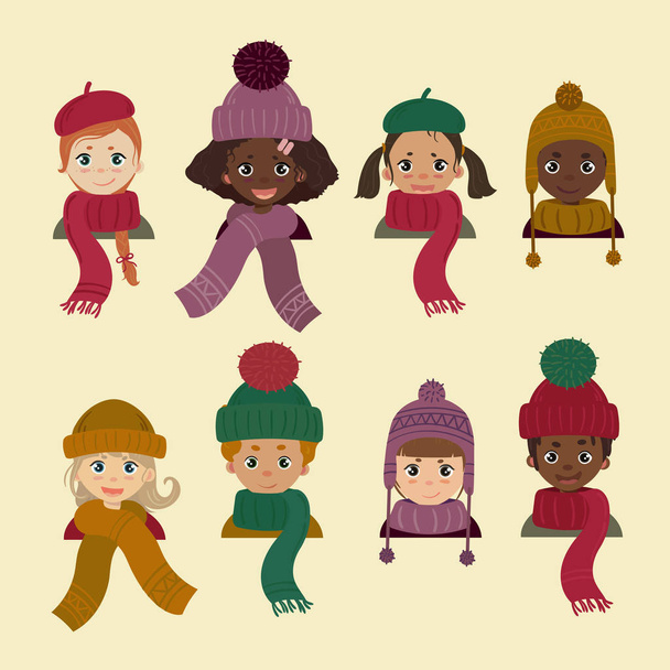 Τα παιδιά σε διαφορετικές κόμμωση. Φθινόπωρο καπέλο χειμώνα - Διάνυσμα, εικόνα