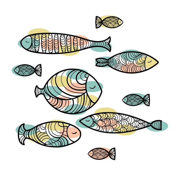 Set of cute sea fish. Vector illustration - Vetor, Imagem