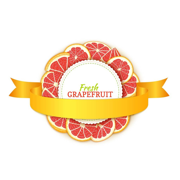 Round colored frame composed of grapefruit fruit and gold ribbon. Vector card illustration. Label citrus red pomelo frame and round banner for design of juice breakfast, cosmetics, tea, detox diet. - Vector, Image