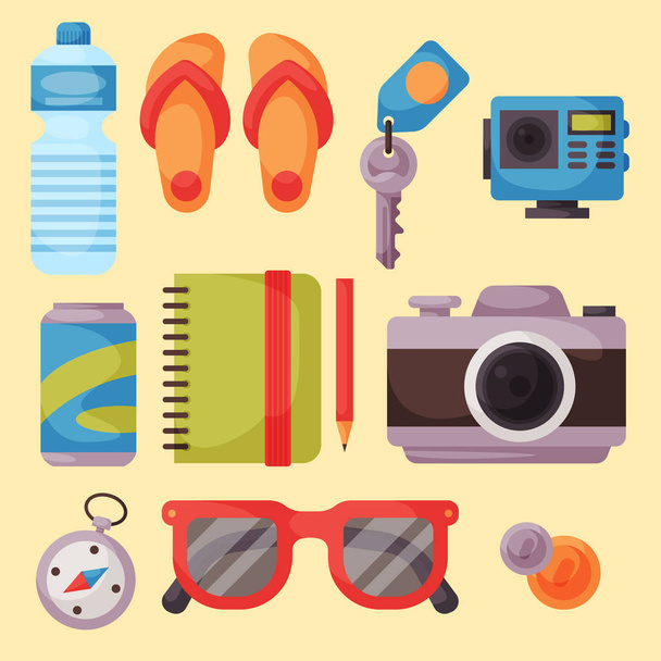 Travel time summer vacation vector accessory in flat style with traveling and tourism icons. - Vetor, Imagem