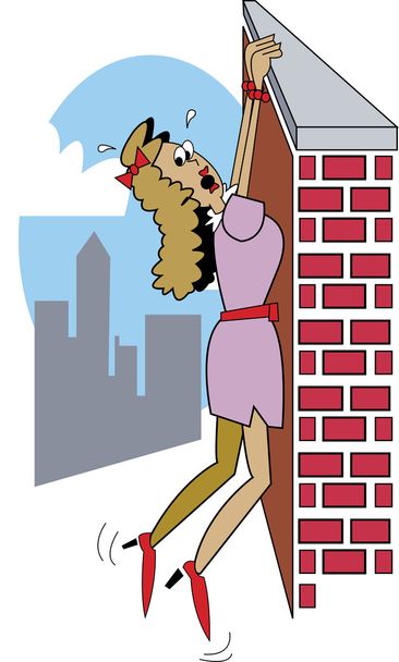 νεανίδα που διατρέχουν κίνδυνο να κρέμονται από έναν τοίχο, μια πόλη από ψηλά - Διάνυσμα, εικόνα