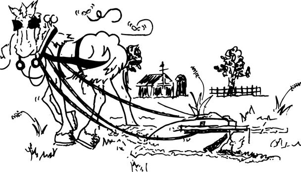 czarno-biały rysunek z koń ciągnący pług na pastwiska - Wektor, obraz