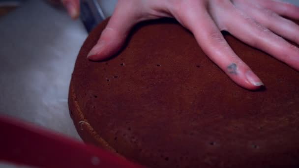 4K Cake Baker Cutting Hot Baked Sponge - Footage, Video