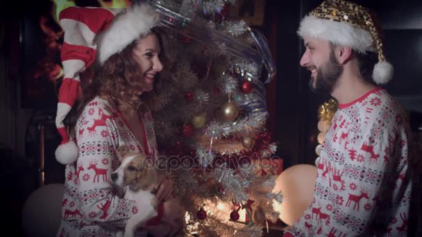 4k Weihnachten und Neujahr Urlaub Paar küsst mit Welpe - Filmmaterial, Video