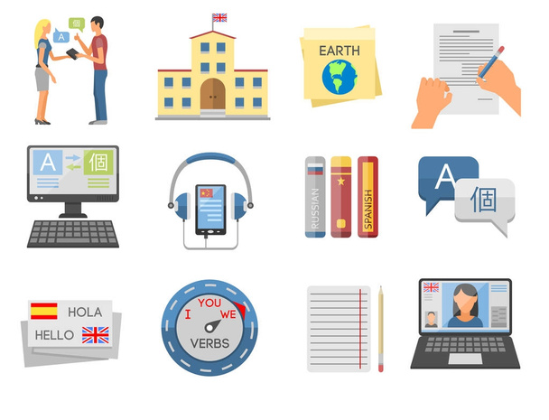 Iconos de ilustración vectorial para programas educativos idiomas educación a distancia aprendizaje en línea
 - Vector, imagen