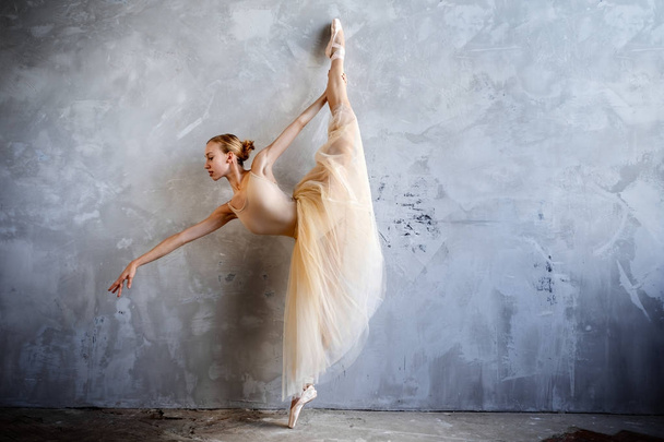 Young ballerina in a golden colored dancing costume is posing in a loft studio - Foto, immagini