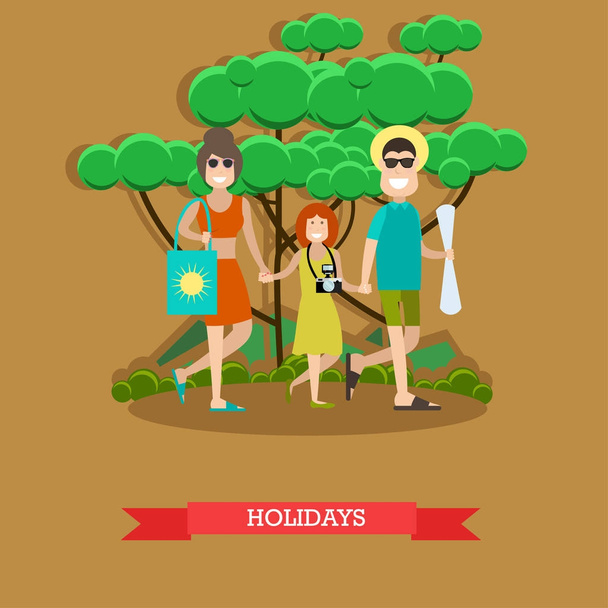 Family beach holidays vector illustration in flat style - Vector, imagen