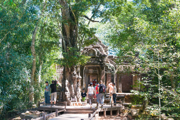 Siem Reap, Camboya - Nov 30 2016: Visitantes en el Templo Ta Prohm en Angkor. un famoso sitio histórico (Patrimonio de la Humanidad por la UNESCO) en Angkor, Siem Reap, Camboya
. - Foto, Imagen