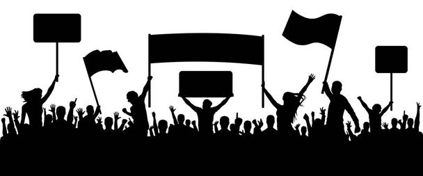 Mensen van de woedende menigte met banners, protesteren, silhouet - Vector, afbeelding