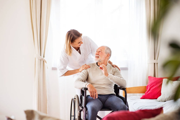 Nurse and senior man in wheelchair during home visit. - Valokuva, kuva
