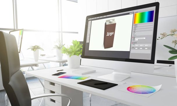 design de embalagem na tela do computador, local de trabalho estúdio criativo com amostras de cor na mesa, renderização 3d
 - Foto, Imagem