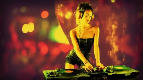 A sexy female dj dancing and playing records with disco style background - Footage, Video