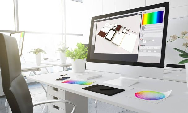 graphic design  on computer screen, creative studio workplace with colour swatches on the table, 3d rendering - Fotoğraf, Görsel