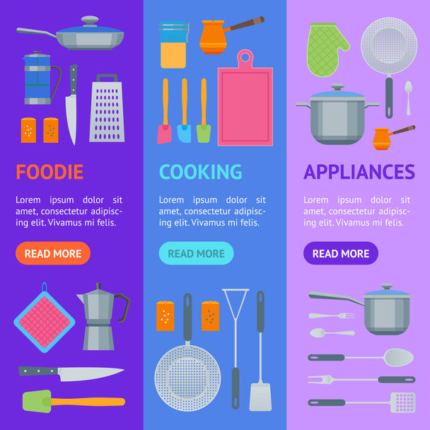 Cartoon Cookware Banner Vecrtical Set. Vector - Вектор,изображение