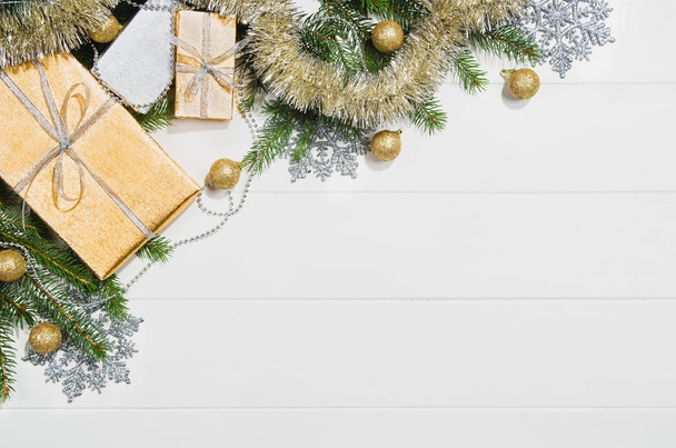 Christmas presents or gifts background frame top view on white - Фото, изображение